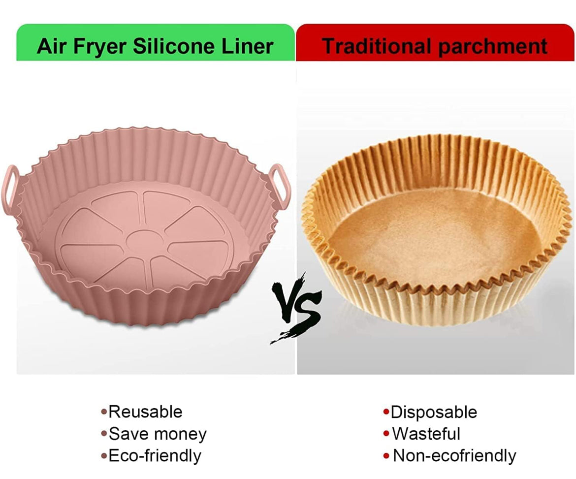 Air Fryer Liners I Round Silicone Basket Baking Tray I Pot with Ear Handles I Nonstick Reusable Heat Resistant I Cooking Oven Insert Accessories - Multicolor (8 inch, Pack of 2)