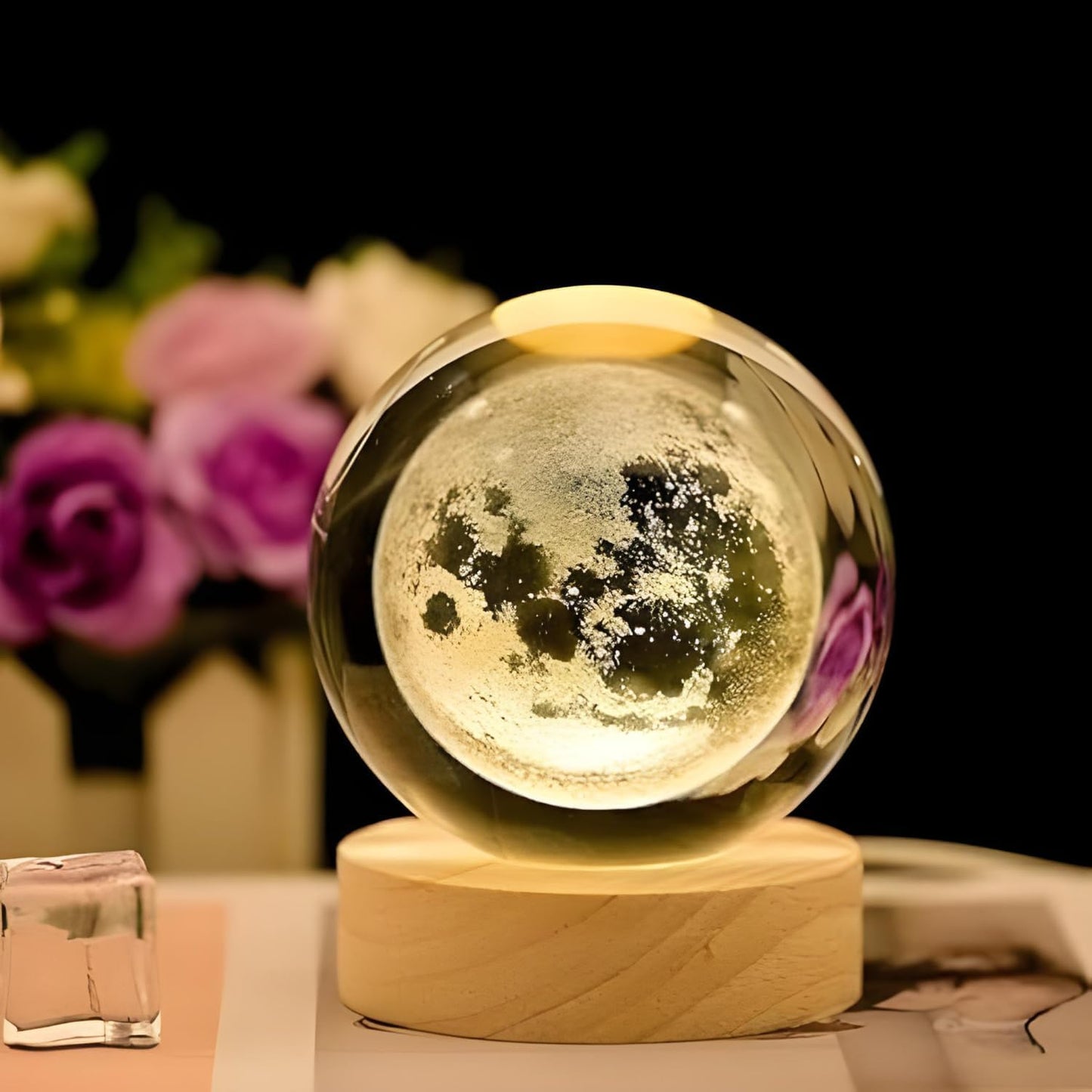 Moon Crystal Ball Night Light,2.4 Inch Glass Ball Night LED Lamp with Woodern Base,Decorations Gifts for Men,Women,Kids,Boys,Girls | Gifts for Woman | Valentine Gifts