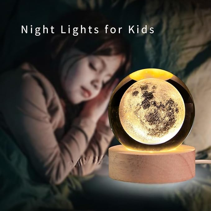Moon Crystal Ball Night Light,2.4 Inch Glass Ball Night LED Lamp with Woodern Base,Decorations Gifts for Men,Women,Kids,Boys,Girls | Gifts for Woman | Valentine Gifts