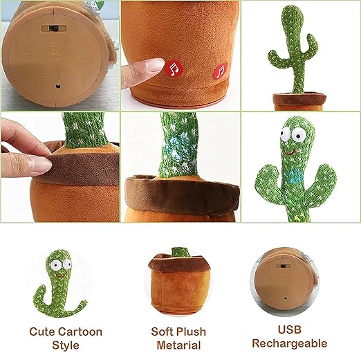Dancing Cactus Toy for Kids - Rechargeable Talking Singing Children Baby Plush Electronic Toys | Voice Recording | Repeats What You Say | LED Lights