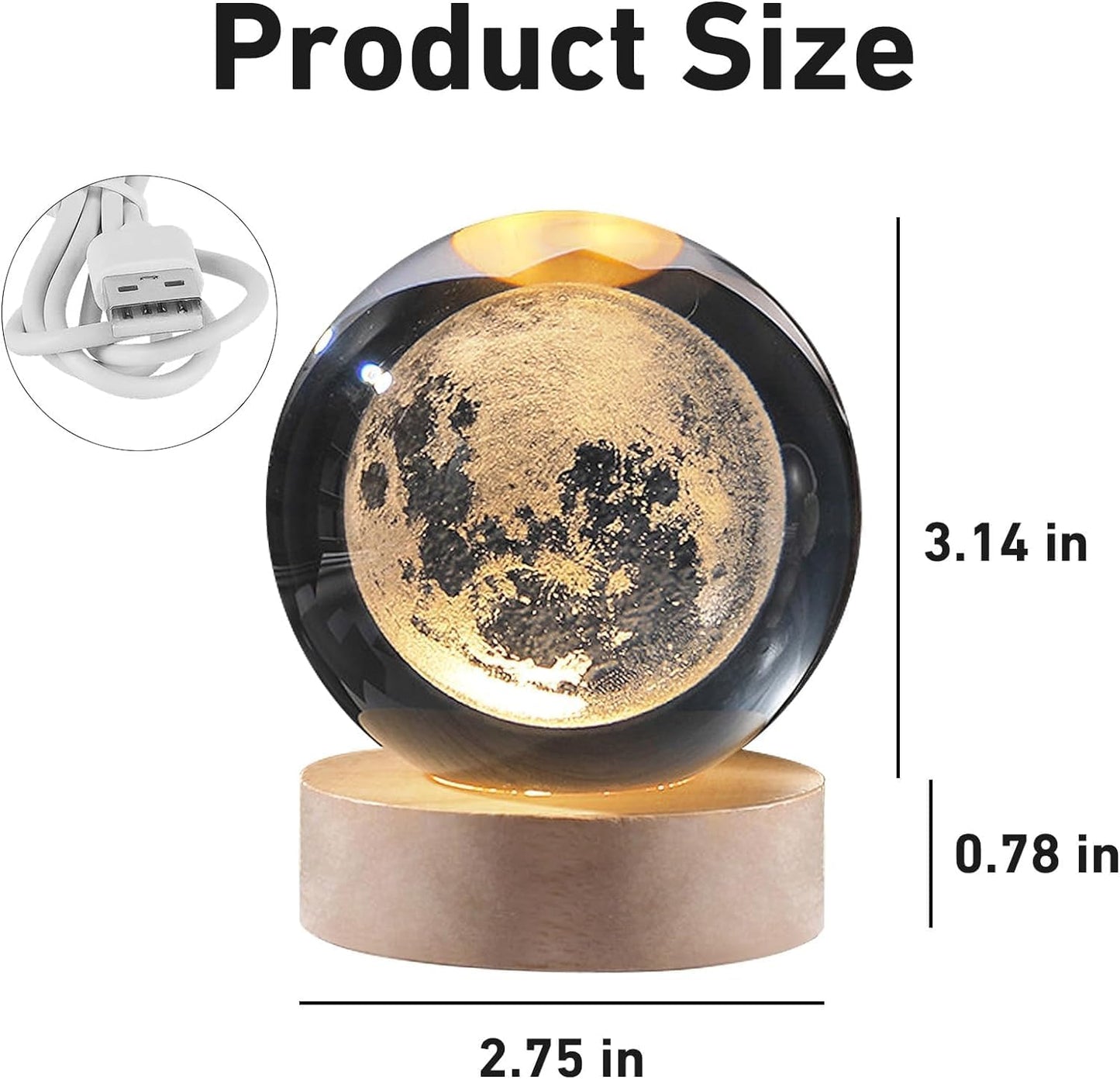 Moon Crystal Ball Night Light,2.4 Inch Glass Ball Night LED Lamp with Woodern Base,Decorations Gifts for Men,Women,Kids,Boys,Girls | Gifts for Woman | Valentine Gifts