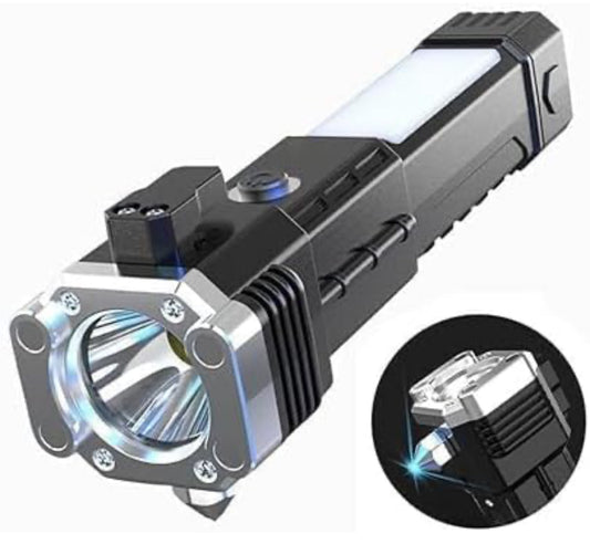 Torch LED Light 3W Rechargeable Long Distance Beam Range with Power Bank, Car Rescue Hammer & Strong Magnets, Window Glass & Seat Belt Cutter Built Portable LED Flashlight 4 Modes Indoor & Outdoor