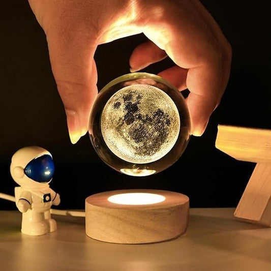 Moon Crystal Ball Night Light,2.4 Inch Glass Ball Night LED Lamp with Woodern Base,Decorations Gifts for Men,Women,Kids,Boys,Girls | Gifts for Woman | Valentine Gifts