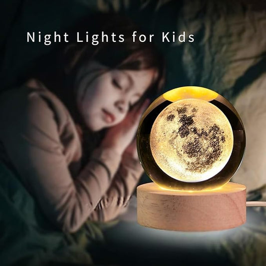 Moon Crystal Ball Night Light,2.4 Inch Glass Ball Night LED Lamp with Woodern Base,Decorations Gifts for Men,Women,Kids,Boys,Girls | Gifts for Woman | Valentine Gifts
