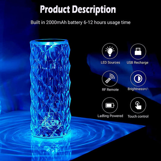 Rose Crystal Diamond LED Table Lamp | 16 Color Changing Touch Bedside Night Light with Remote | USB Rechargeable Decorative Lamp for Bedroom, Living Room, Party & Dinner Decor