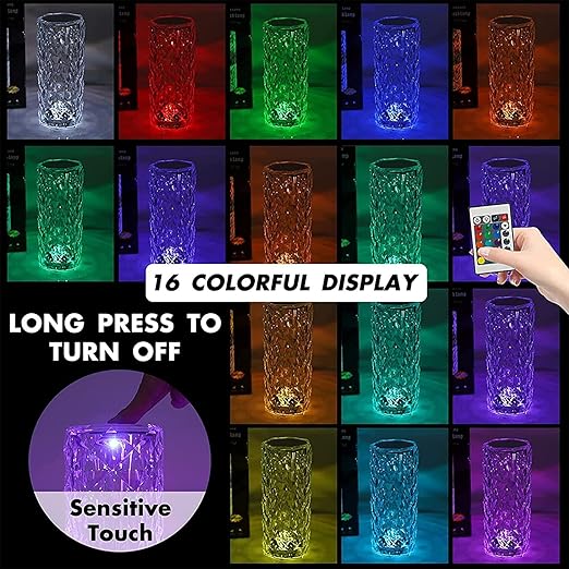 Rose Crystal Diamond LED Table Lamp | 16 Color Changing Touch Bedside Night Light with Remote | USB Rechargeable Decorative Lamp for Bedroom, Living Room, Party & Dinner Decor