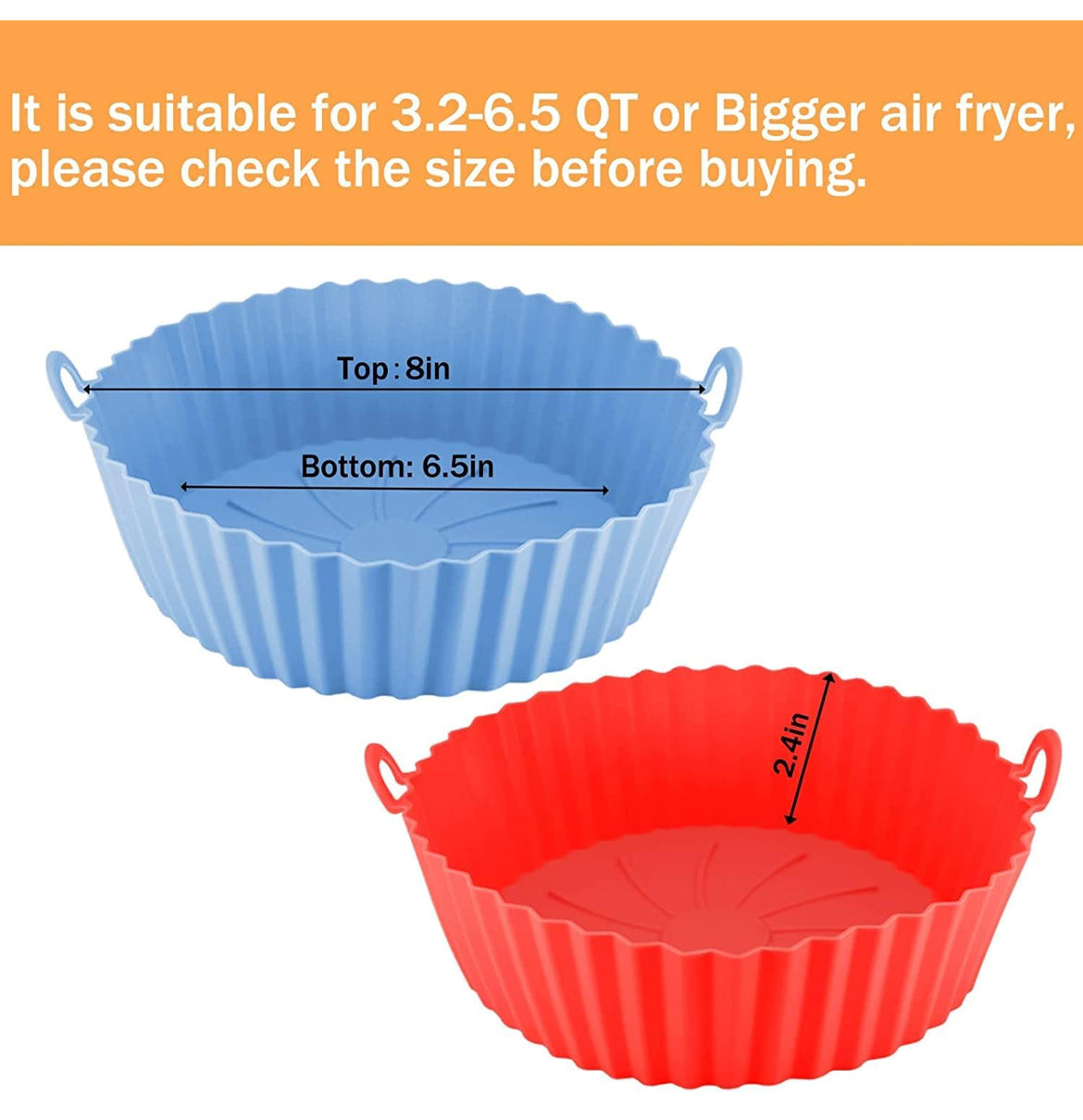 Air Fryer Liners I Round Silicone Basket Baking Tray I Pot with Ear Handles I Nonstick Reusable Heat Resistant I Cooking Oven Insert Accessories - Multicolor (8 inch, Pack of 2)