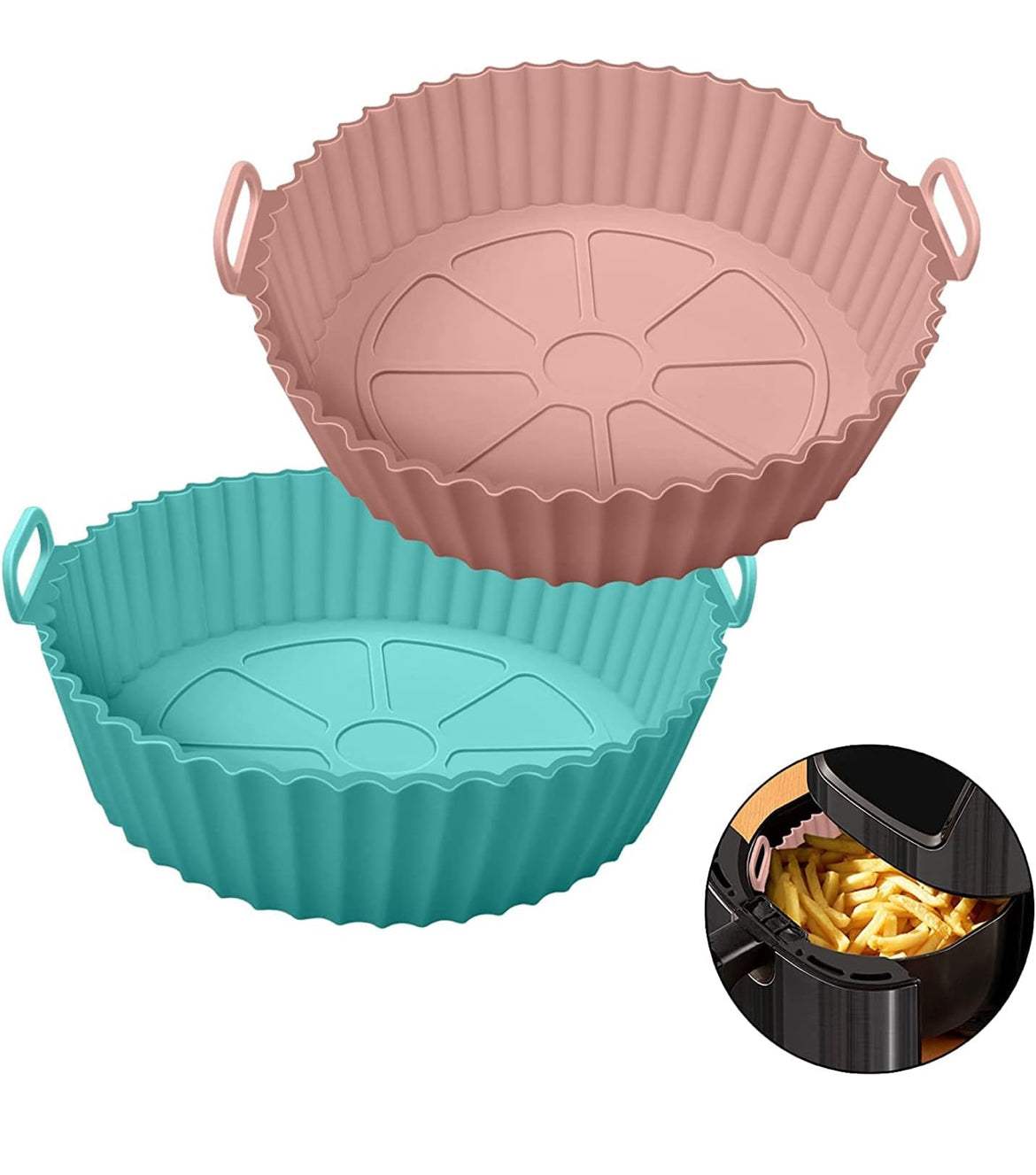 Air Fryer Liners I Round Silicone Basket Baking Tray I Pot with Ear Handles I Nonstick Reusable Heat Resistant I Cooking Oven Insert Accessories - Multicolor (8 inch, Pack of 2)